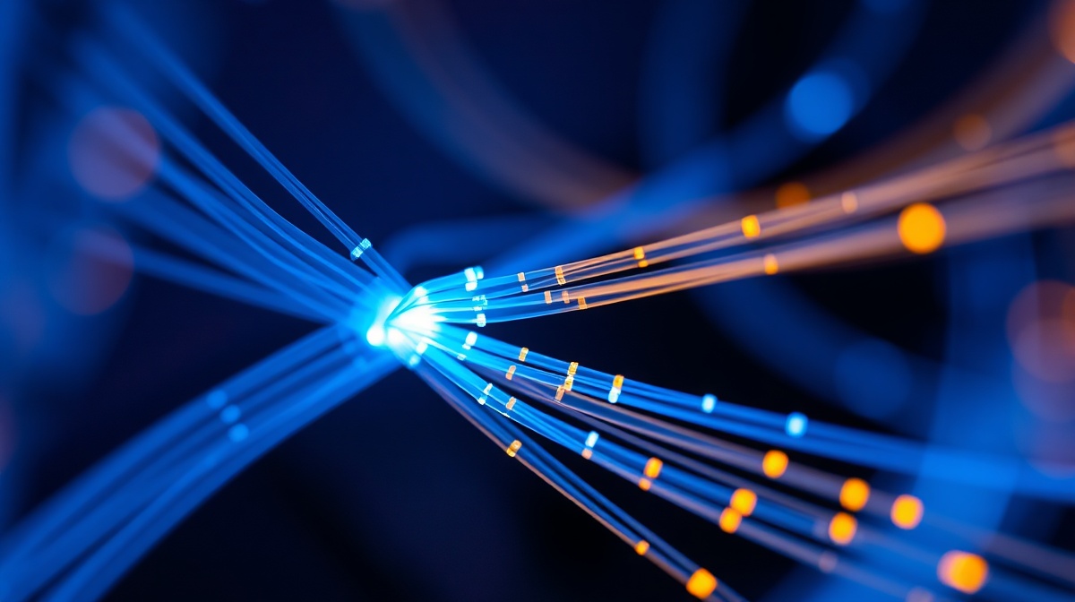 Arista Networks AI data center networking backbone — fiber optic cables with light pulses flowing through the network infrastructure powering next-generation AI workloads