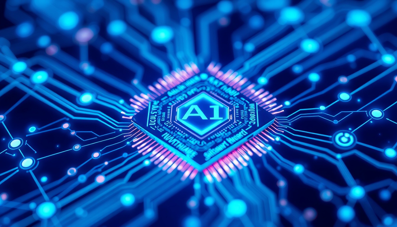 Meta's AI infrastructure monetization engine — glowing AI processor chip with holographic data streams representing the AI-powered ad platform driving revenue acceleration across Facebook, Instagram, and WhatsApp